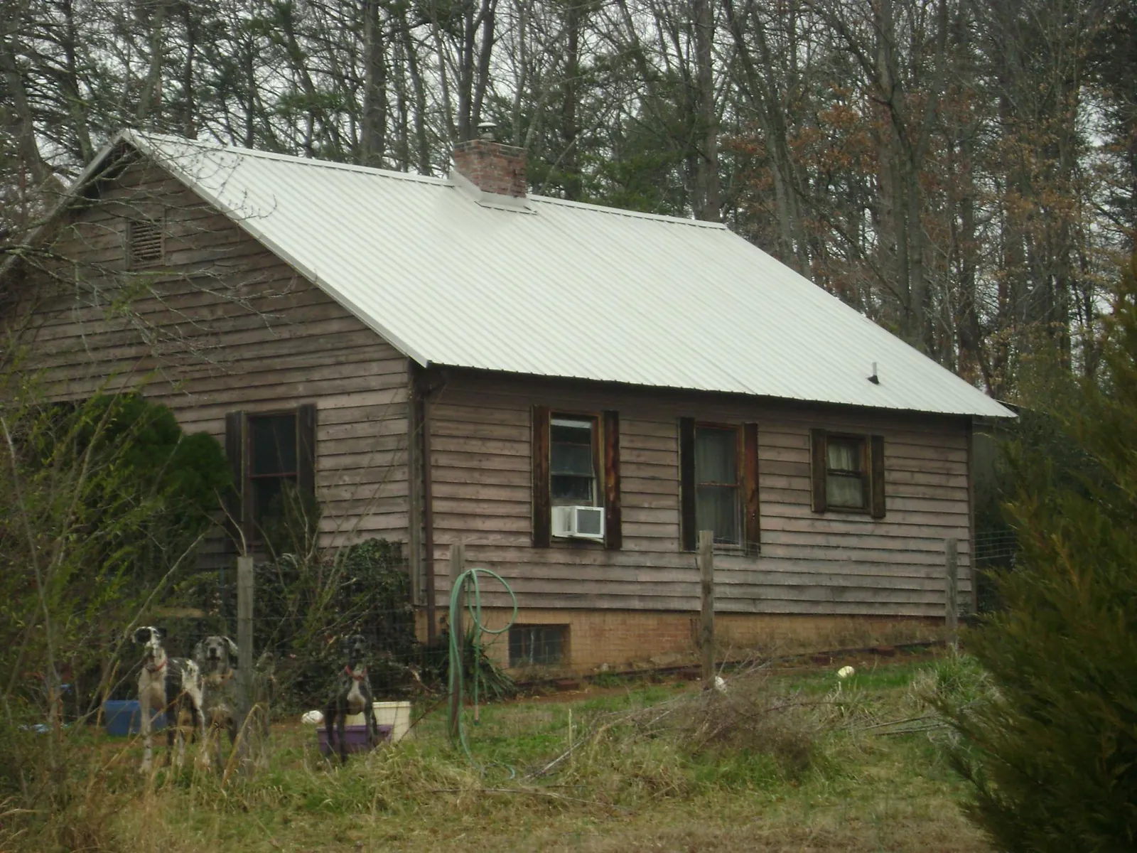 White metal roof on an old wood sided farmhouse, from a Metal Roof Installation job in Camas Valley